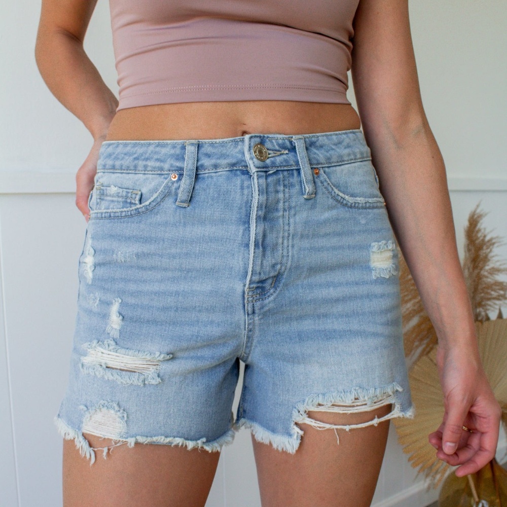 Button Fray Hem Denim Shorts
